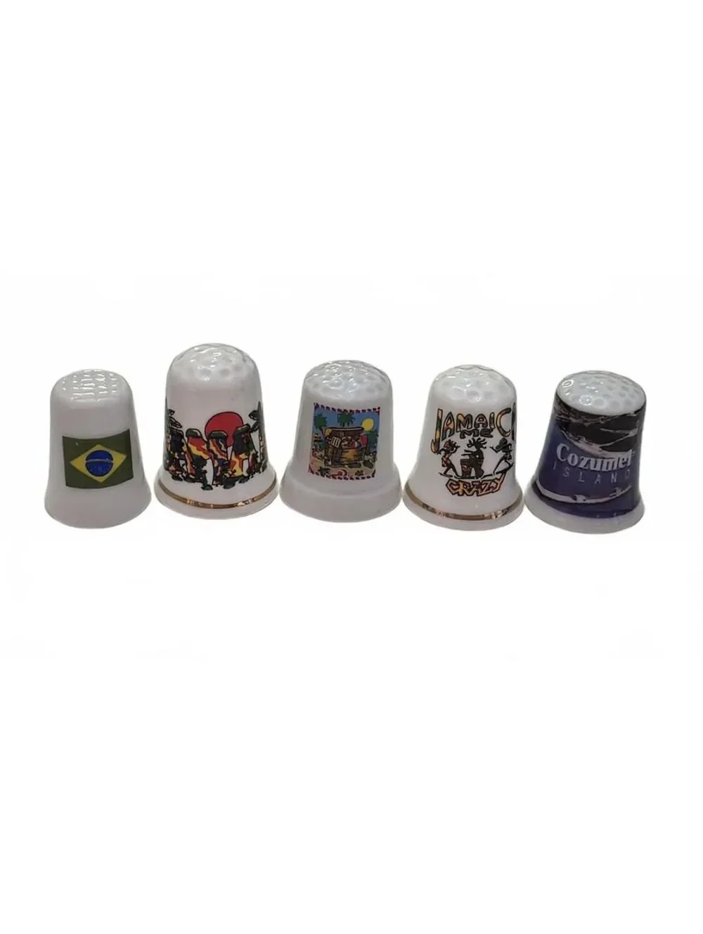 5 Vintage Ceramic Souvenir Thimbles Brazil Jamaica Cozumel